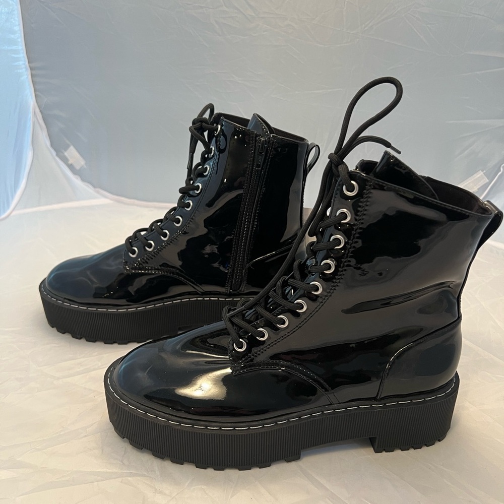 Divided Black Patent Combat Boots